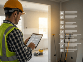 Construction worker using a tablet to track project tasks on-site, with task checklist visible in the background.  This description covers:  The subject (construction worker) The action (using a tablet) The context (project tracking, task list) SEO relevance (construction, tasks, project tracking)
