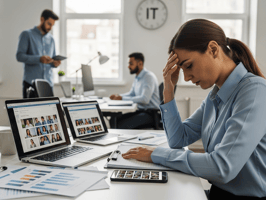 Frustrated office employee surrounded by multiple laptops showing task tracking dashboards, highlighting the need for better workflow management.