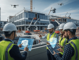 Construction workers using digital tablets and holographic blueprints at a jobsite with a building under construction in the background.