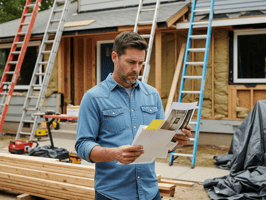 Designed for both accessibility and SEO — includes context (contractor), setting (residential jobsite), and relevant elements (plans, tools).