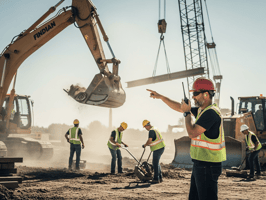 Construction workers operating on-site with heavy equipment and safety gear
