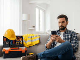 Man using smartphone while sitting on couch with construction gear and tools in the background.