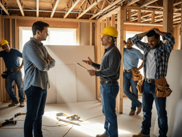 Construction manager and field crew discussing project details inside a partially finished building.  This alt text supports your article’s theme of field-to-office communication and provides clear context for accessibility and search engines. Let me know if you want a shorter or more casual version for social or internal use!