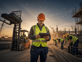 Construction worker in safety vest and hard hat using a tablet at a job site during sunset, with other workers and equipment in the background; labeled with an orange 'FEATURED' tag.