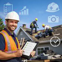 Roofing project manager reviewing a jobsite checklist on a tablet while a crew works on a roof.