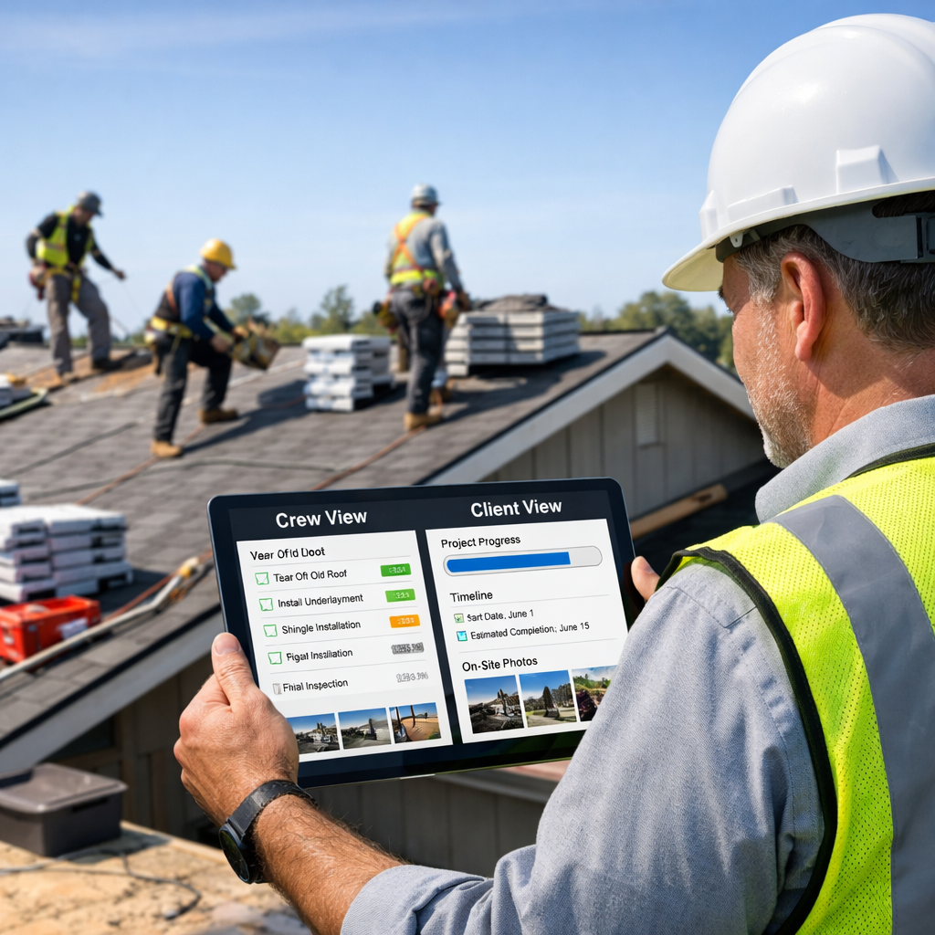 Create a photorealistic hero image on an active roofing job site A roofing project manager wearing a hard hat and highvisibility vest is holding a tab