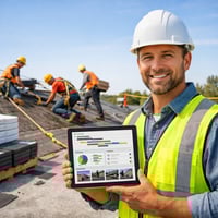 Roofing project manager using a tablet to review the schedule, budget, and checklist at a job site while a roofing crew works in the background.