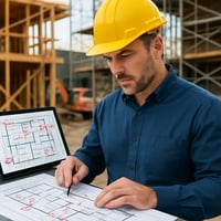 Construction manager in a yellow hard hat reviewing redlined blueprints with a laptop showing as-built drawings at an active job site