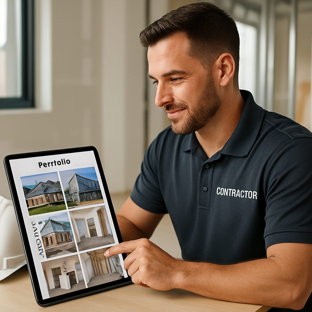 Create a professional modern image of a contractor reviewing a digital portfolio on a tablet or laptop Include visuals of completed construction proje-2