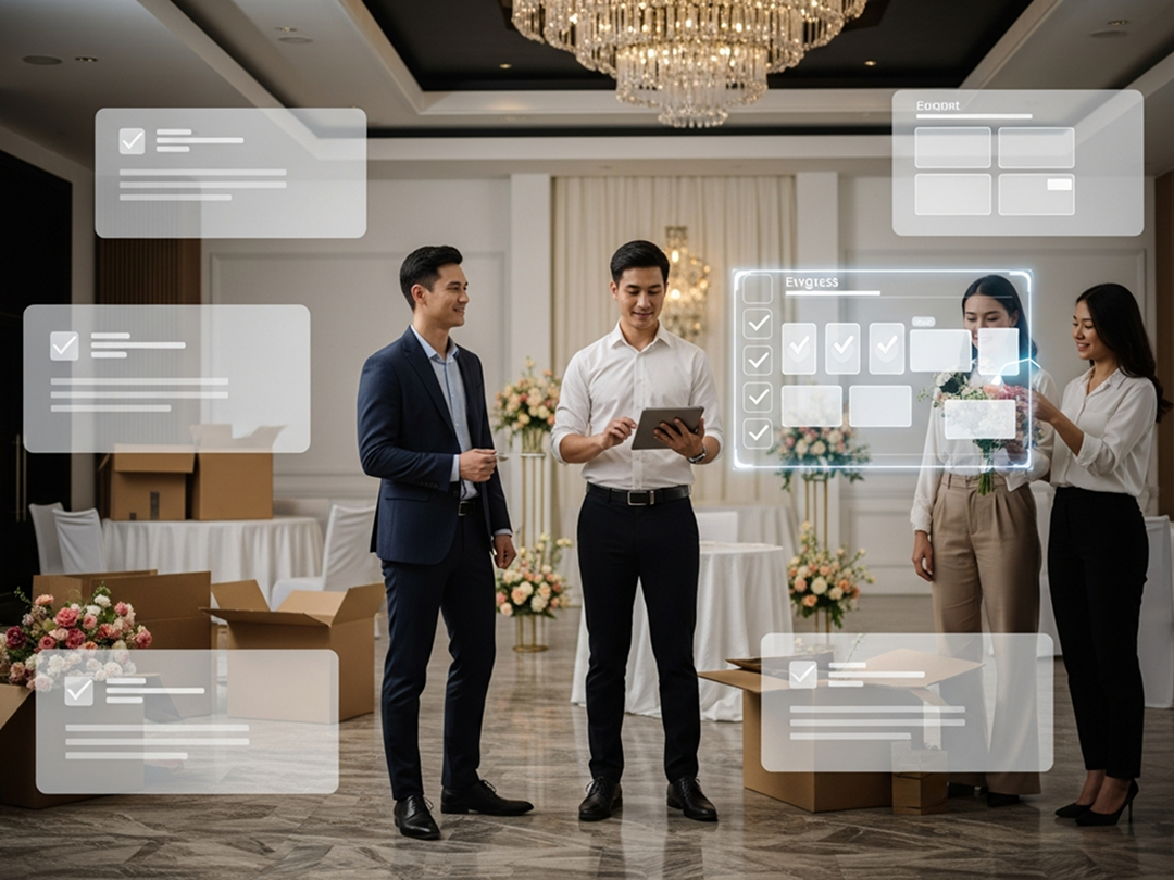 Event planning team discussing logistics with digital task overlays, showcasing TaskTag's collaborative interface