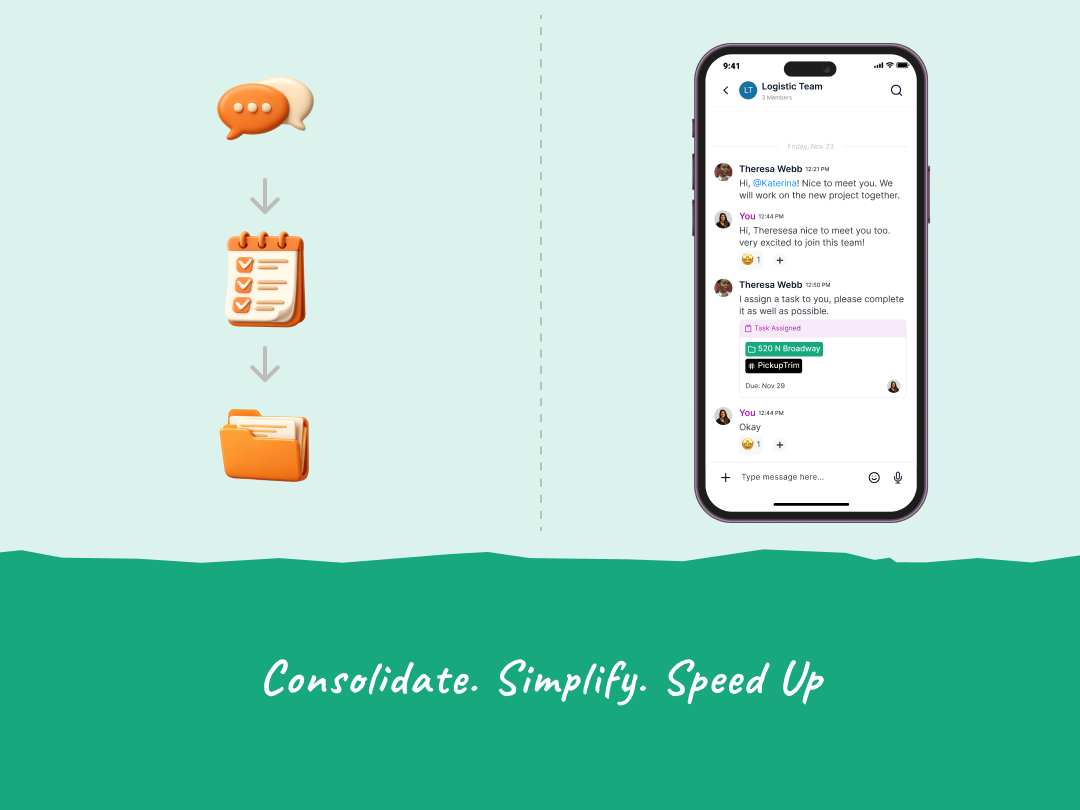 Illustration of chat, task, and file icons combining into a single mobile workspace on TaskTag with the message: Consolidate. Simplify. Speed Up.