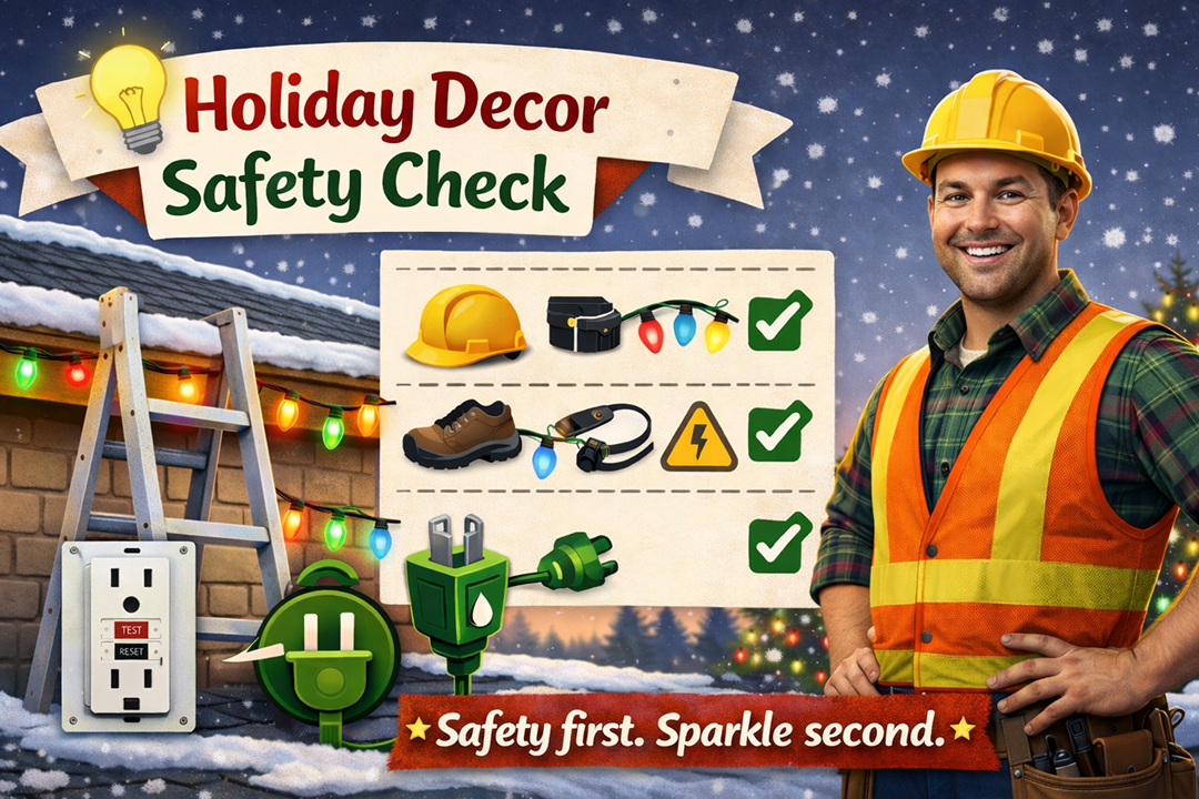 Holiday decor safety checklist for contractors showing ladder, GFCI outlet, PPE, and Christmas lights