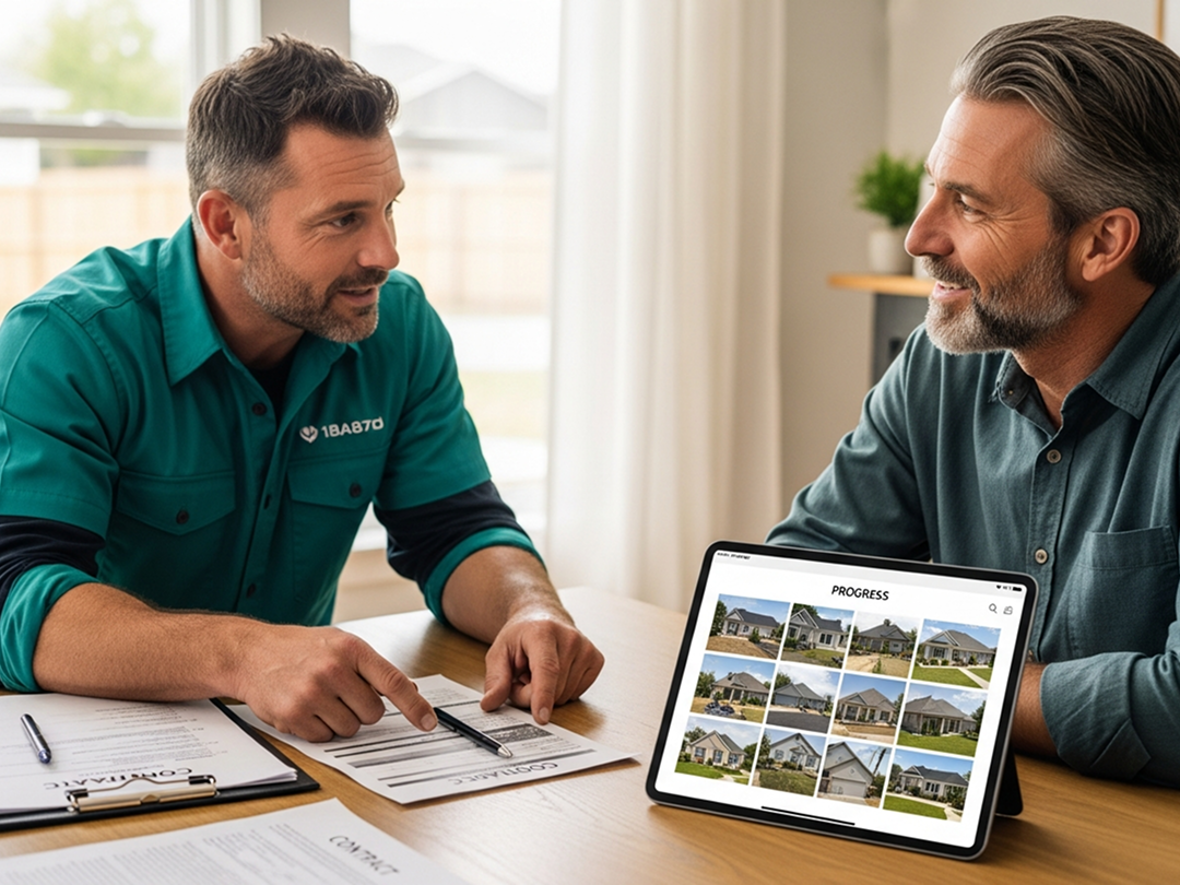 Contractor showing roofing project photos to a homeowner on a tablet during consultation