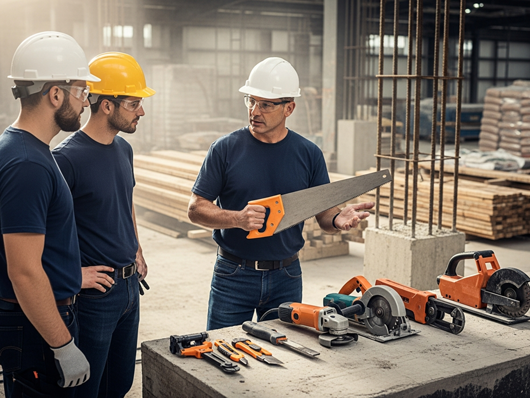 Construction workers discussing power tools at a jobsite table with saws, drills, and safety gear displayed
