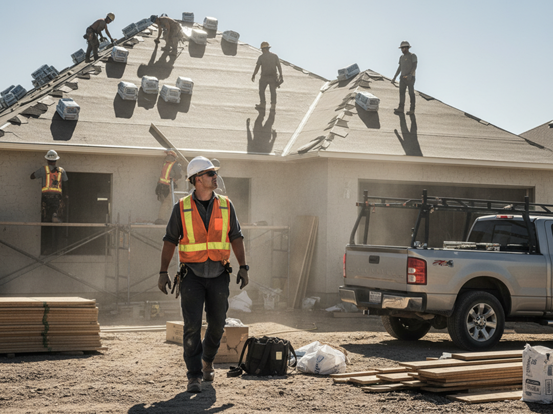 Roofing project manager reviewing a daily schedule and checklist on a tablet at a jobsite.