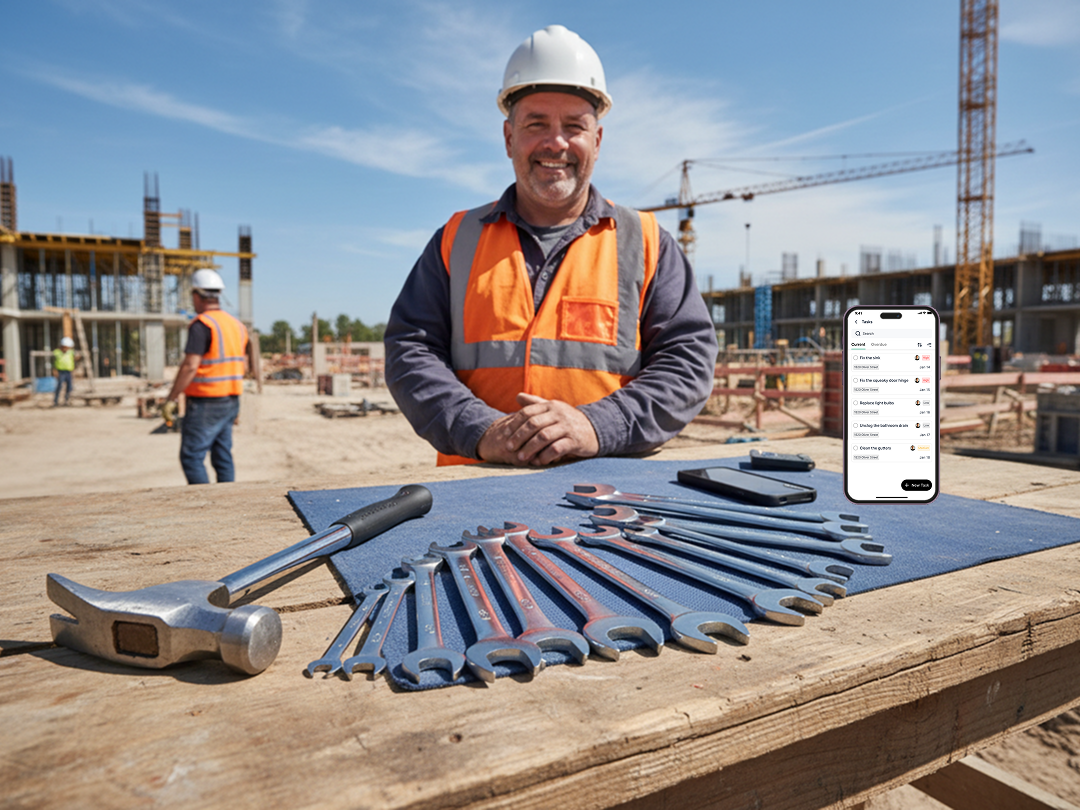 Construction worker standing behind a table of essential hand tools on an active jobsite
