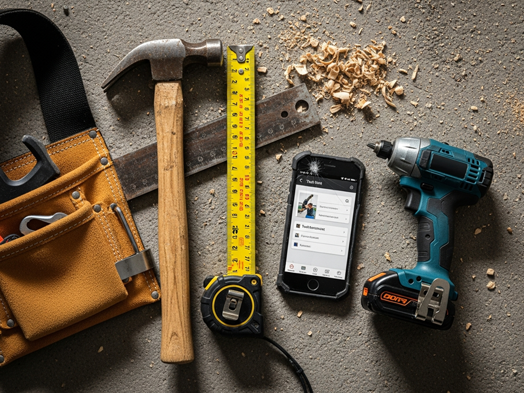 General contractor on a 2026 construction site using a tablet to manage project schedules and team communication via TaskTag software.
