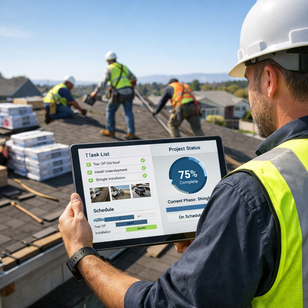 Roofing project manager using a tablet to track checklists, photos, and schedule updates while a roofing crew works safely in the background.