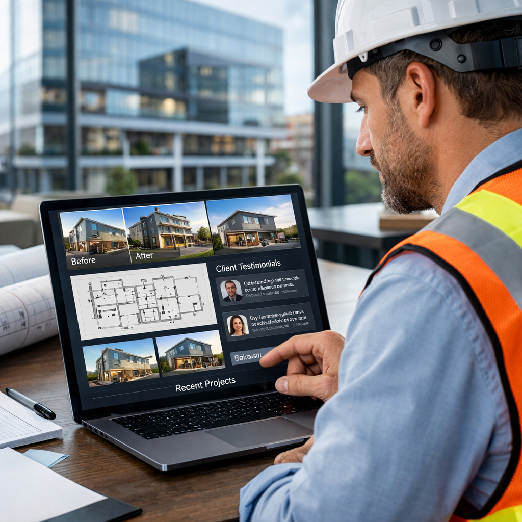 Construction contractor in a safety vest reviewing project images, blueprints, and client feedback on a laptop in a modern office setting